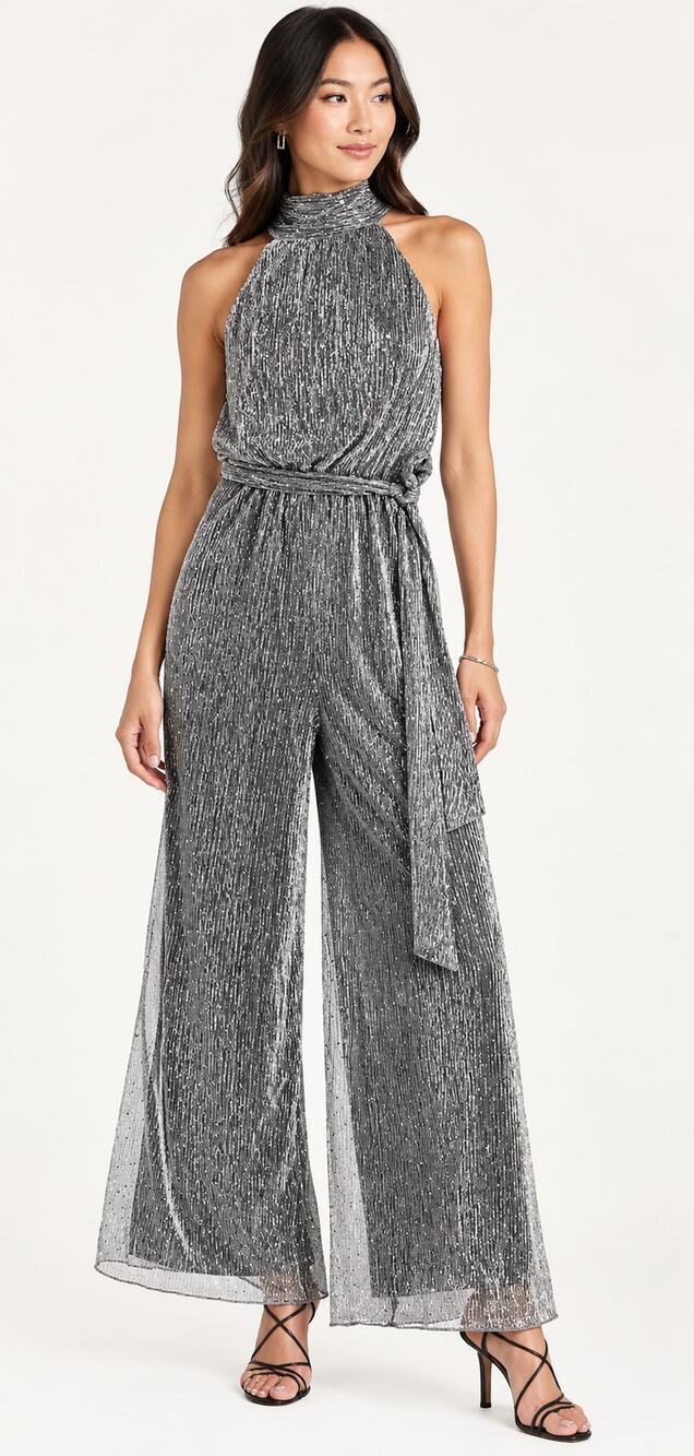 Eliza J Sequin Metallic Halter Formal Jumpsuit Silver Womens Size 12 NWT